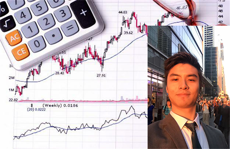Graphic shows a calculator, an economic scale graph, and notes jotted down next to a headshot of former student Gin Wang